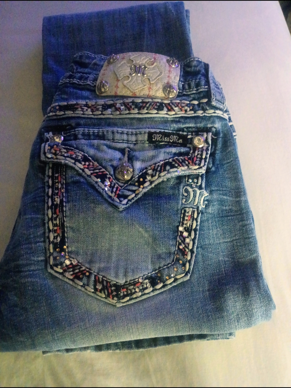 Miss Me Denim Bootcut Jeans with Embellished Multi-Color Trim